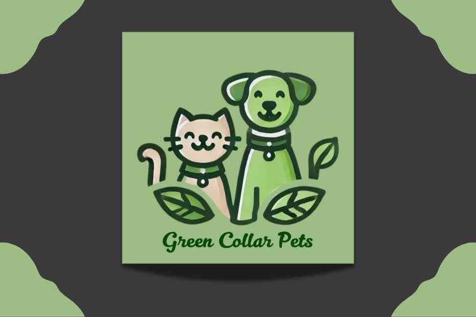 The main image for the "About Green Collar Pets" page features a smiling dog and cat wearing green collars, set against a green background, surrounded by leaves.