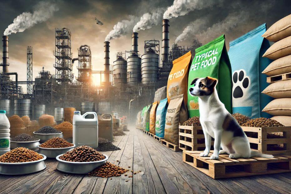 A dog is near pet food bags in a manufacturing setting with factories in the background, symbolizing the environmental impact of commercial pet foods.