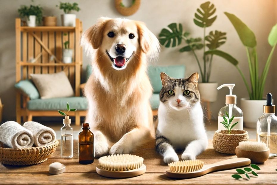 A happy dog and cat surrounded by eco-friendly grooming products, including a bamboo brush and bottles of essential oils, with green plants in the background.