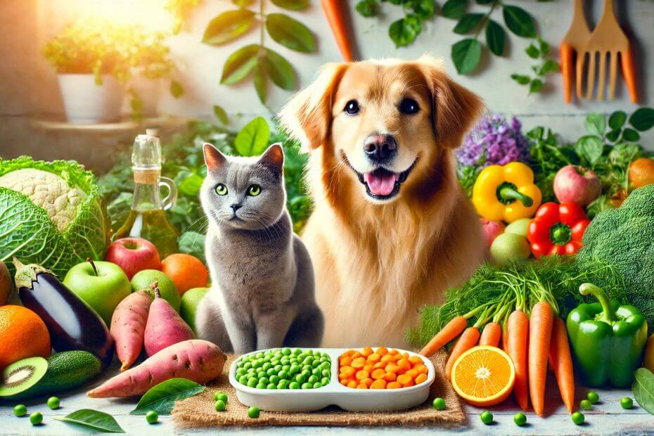 A happy dog and cat are surrounded by fresh plant-based ingredients like carrots, peas, and leafy greens, symbolizing nutritious, eco-friendly plant-based diets for pets.