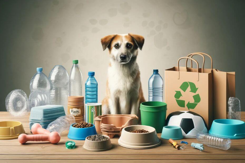 Dog positioned near various plastic pet products like bowls, toys, and packaging, and a sad-faced dog, highlighting the environmental impact of plastic in pet care.