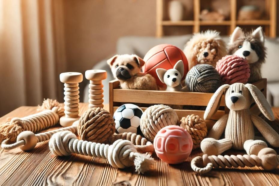 Colorful and safe pet toys made from natural and durable materials, including plush, rubber ball, and rope chew toys, are displayed neatly on a wooden floor.