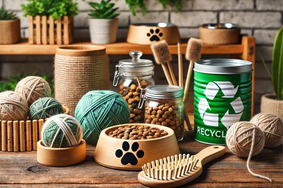 Eco-friendly pet products are arranged on a rustic wooden table, including a bamboo food bowl with a paw print, a natural fiber pet brush, yarn balls, a green recycling-themed waste container, and a glass jar filled with pet food.